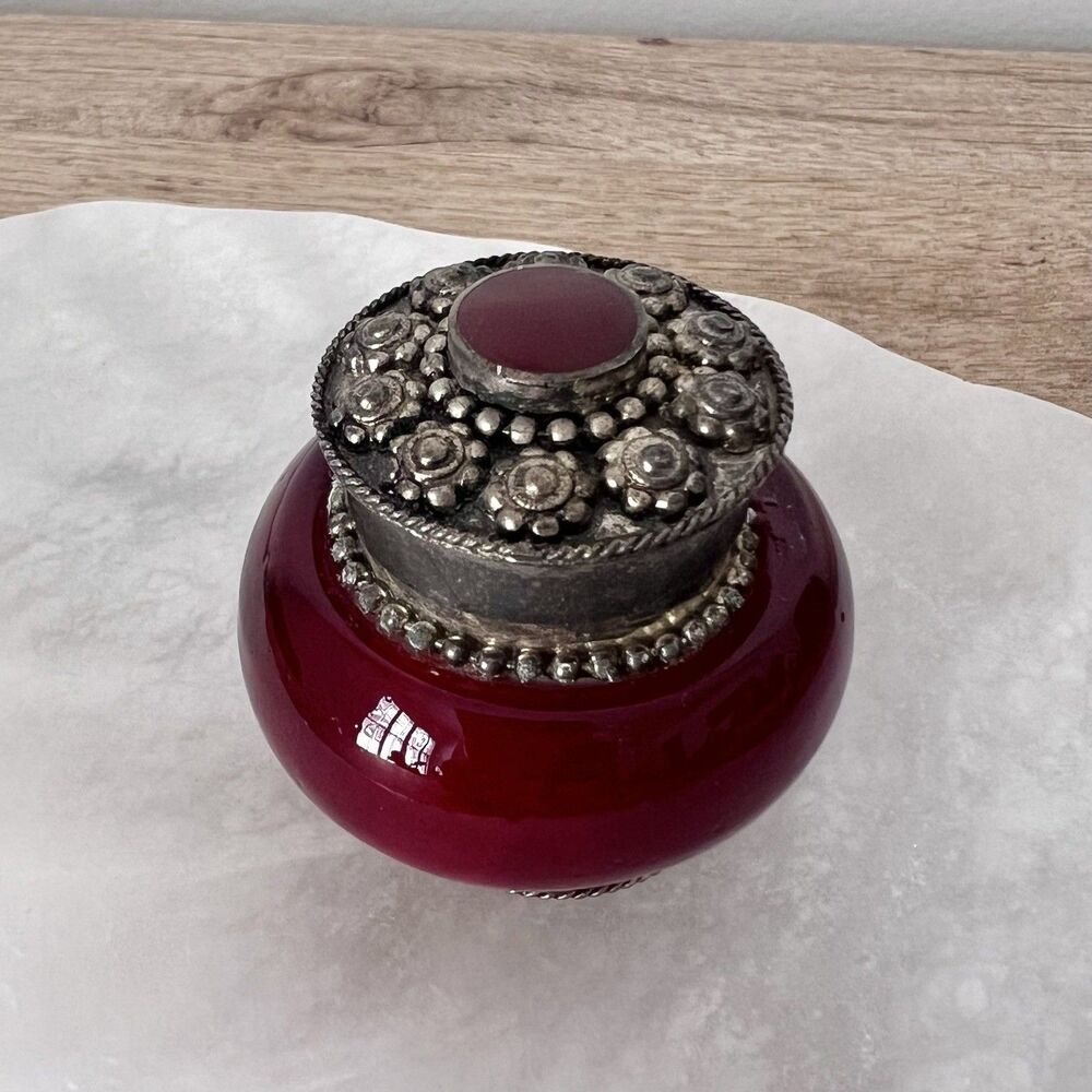 Two’s Company Jewelry Trinket Pill Box Decorated Silver Plated Red Glass 2” T - Picture 2 of 6